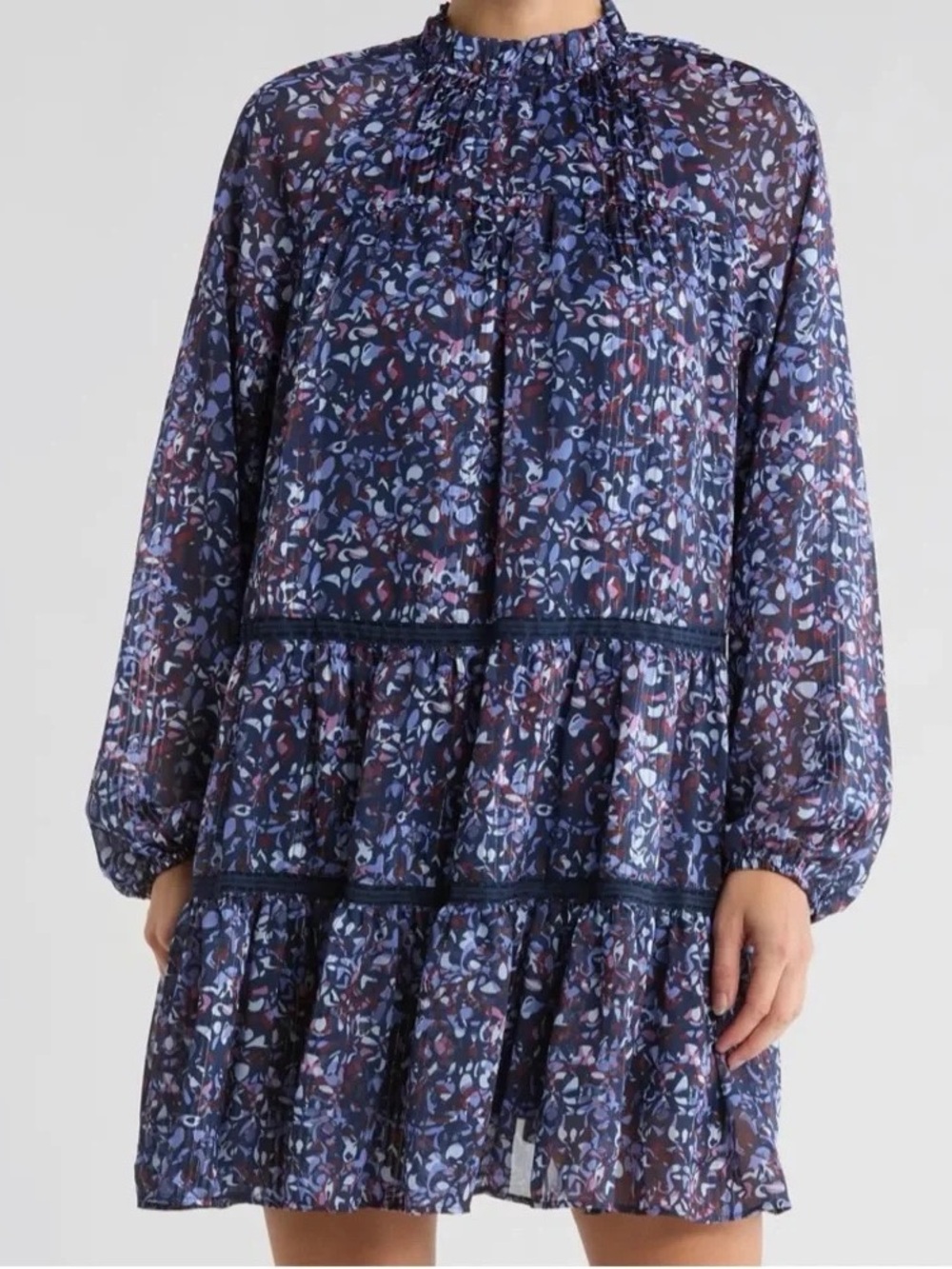 Melrose and Market Navy Floral Tiered Swing Long-Sleeve Dress - Small NWT